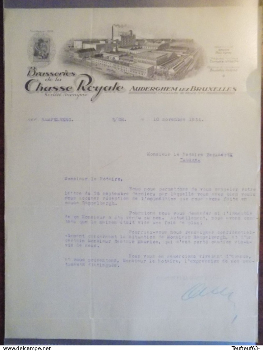 Lettre Avec Gravure Ets " Brasseries De La Chasse Royale " à Auderghem-lez-Bruxelles 1934 - 1900 – 1949