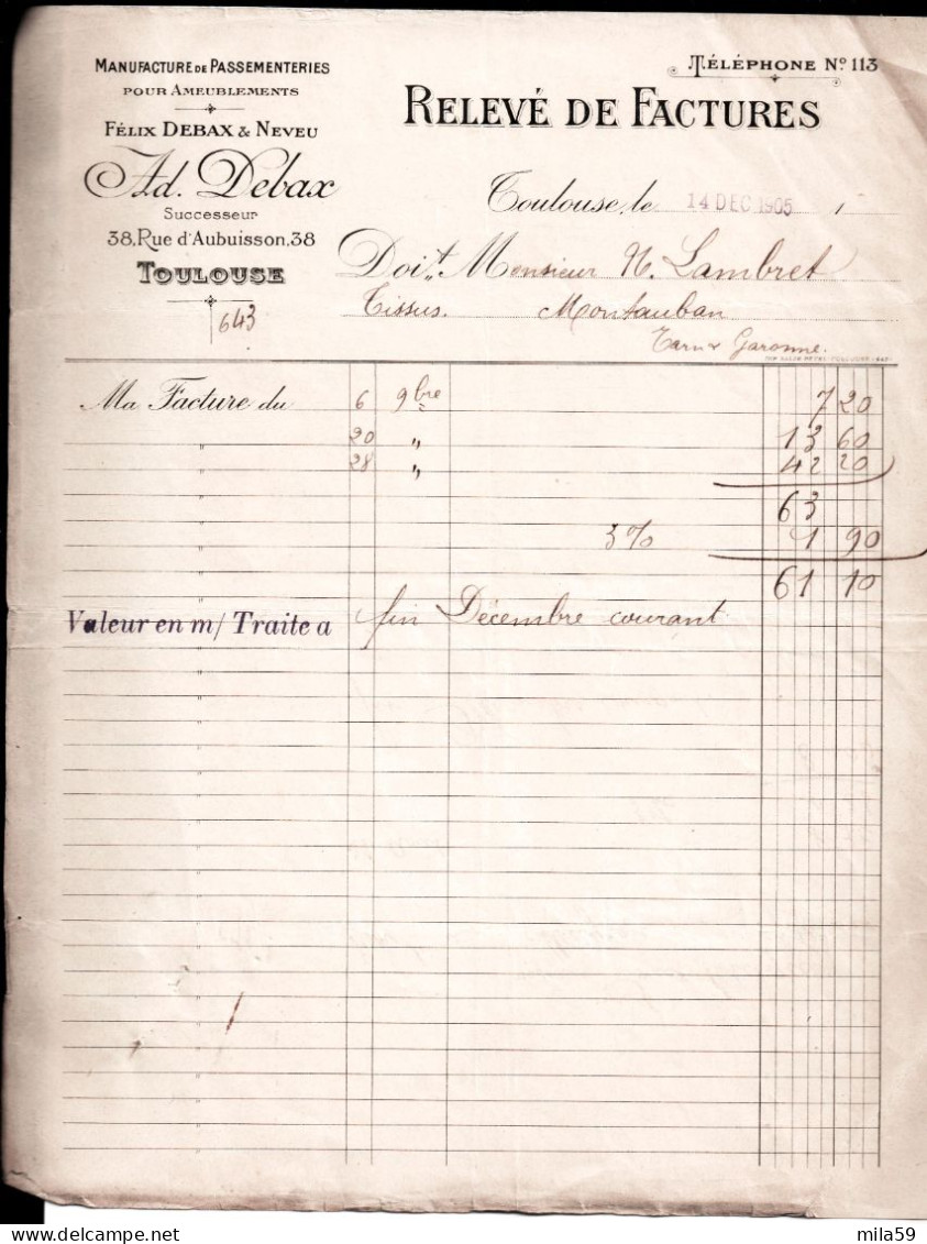 Manufacture De Passementeries  Ad. Debax, Succ Toulouse, à M. A. Lambret Tissus à Montauban. 1905. - 1900 – 1949