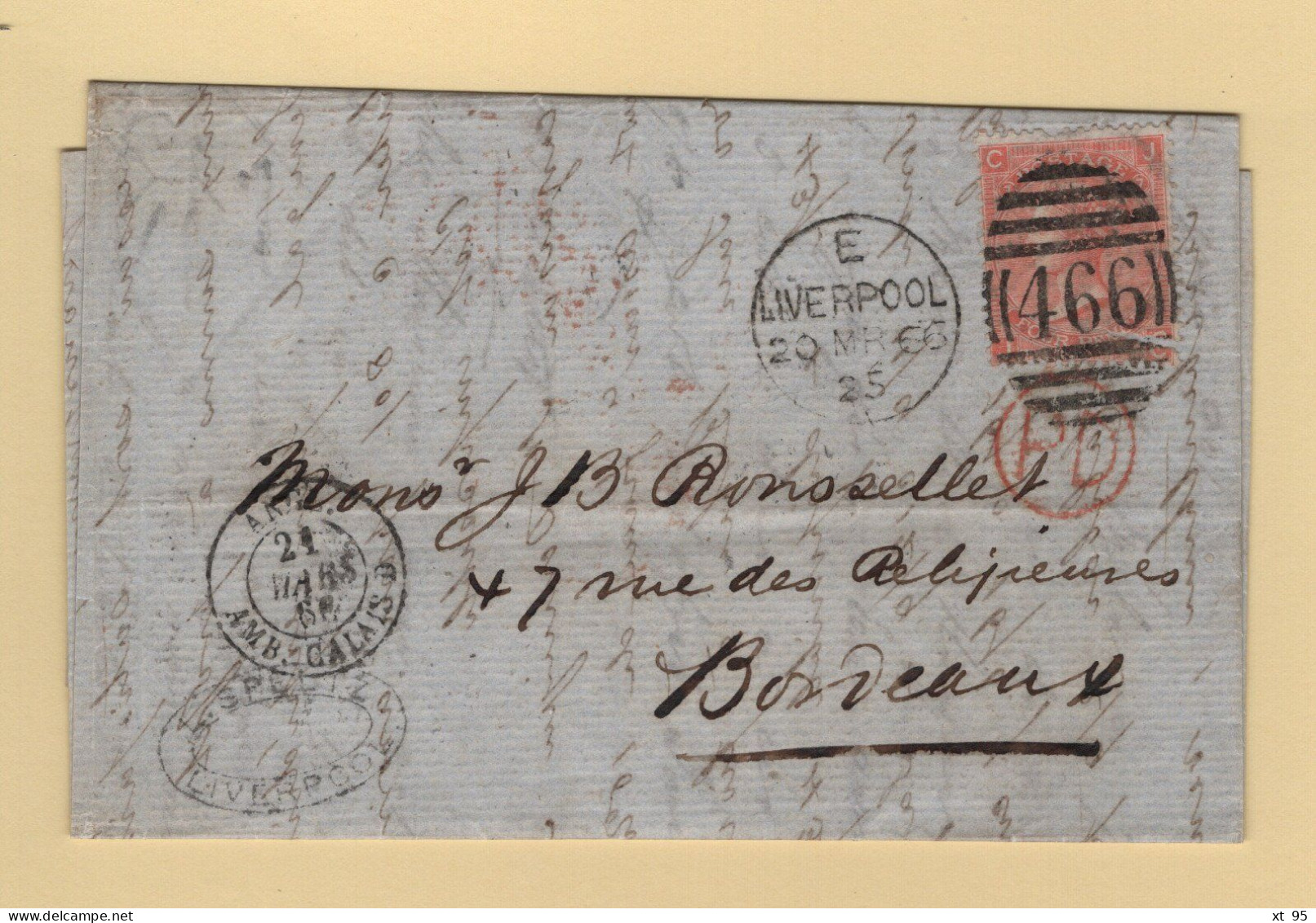Liverpoool - 466 - 1866 - Destination Bordeaux Entree Par Calais - Lettres & Documents