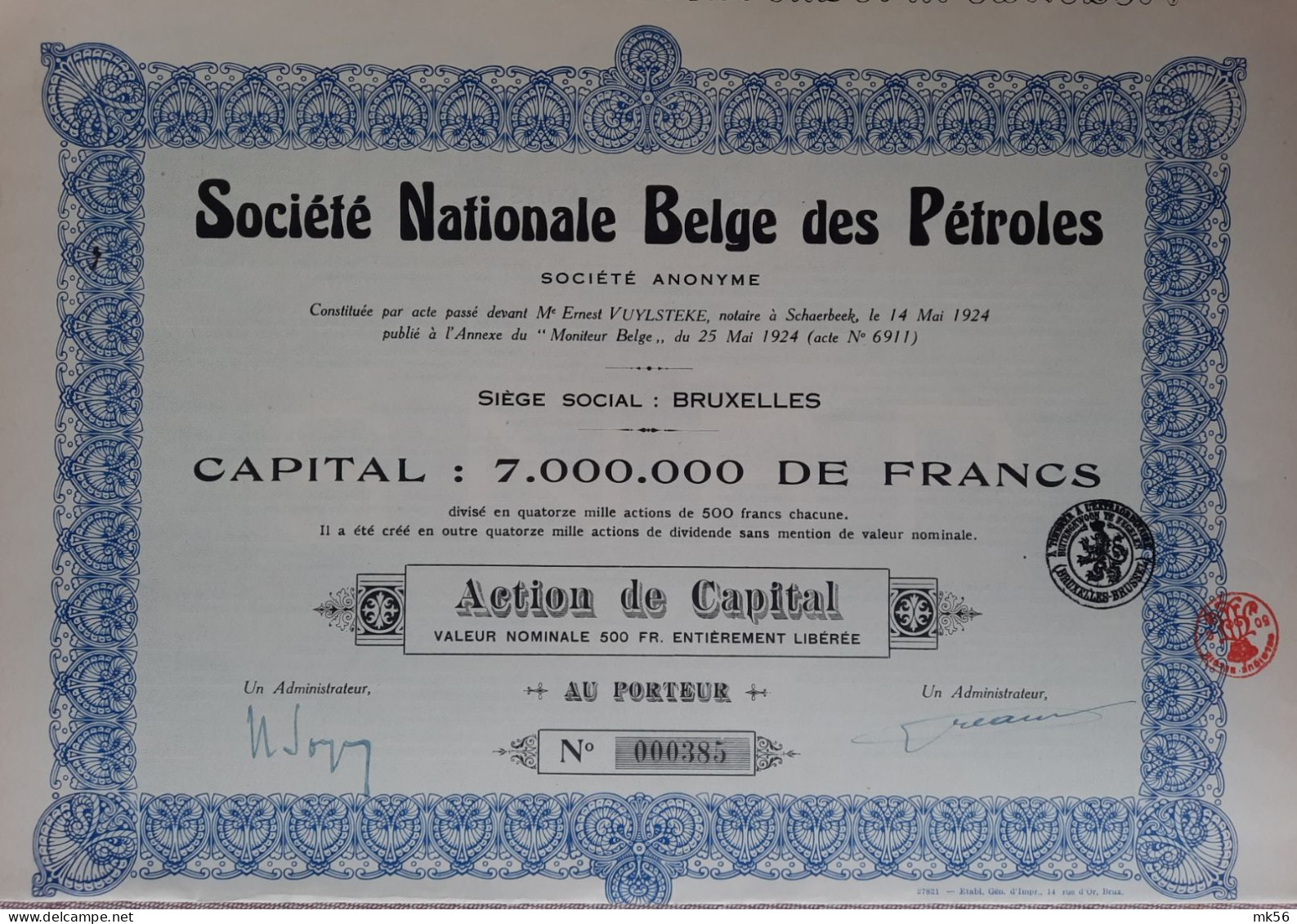 Société Nationale Belge Des Pétroles - Bruxelles -1924 - Action De Capital - Pétrole