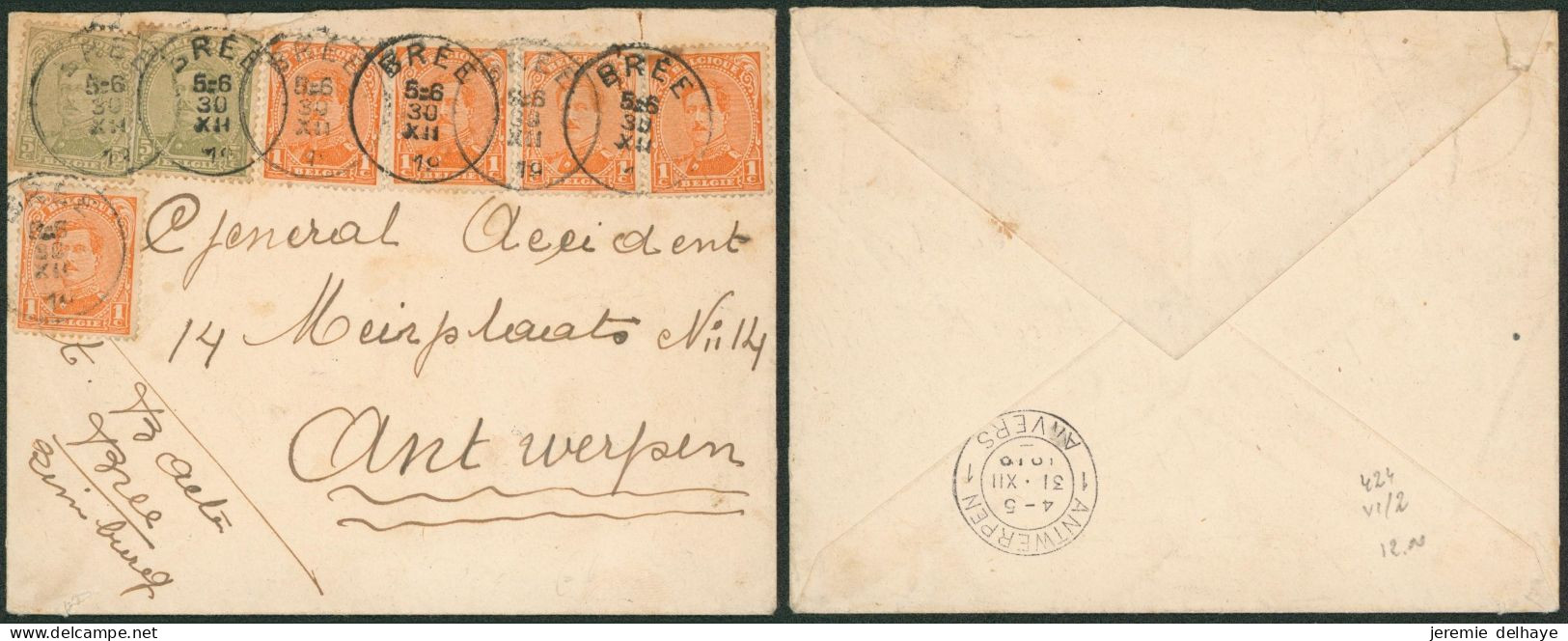 Albert - N°135 X5 Et 137 X2 Sur Lettre Obl Simple Cercle "Brée" (1919) > Antwerpen - Foruna (1919)