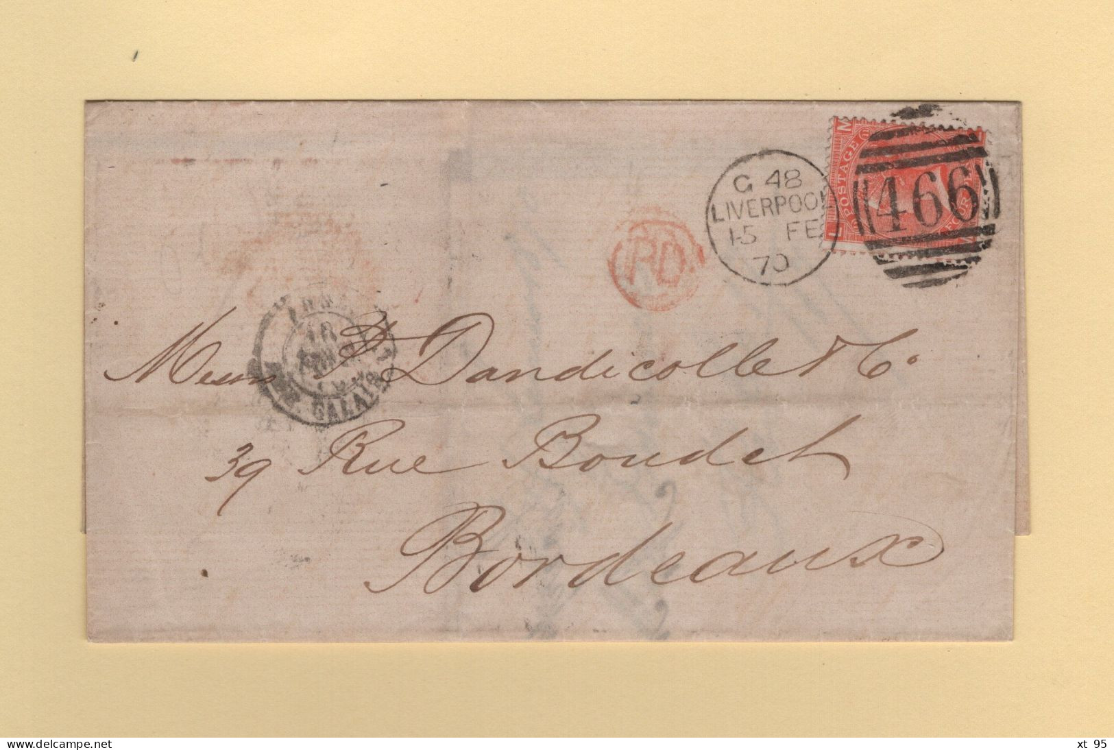Liverpoool - 466 - 1870 - Destination Bordeaux Entree Par Calais - Sans Correspondance - Lettres & Documents
