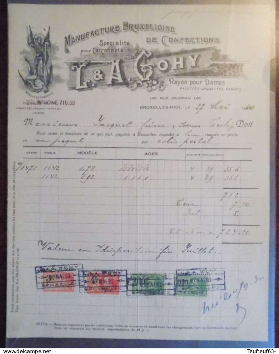 Facture Avec Gravure Ets " L & A. Gohy " Manufacture De Confections Dames Bruxelles 1930 - 1900 – 1949