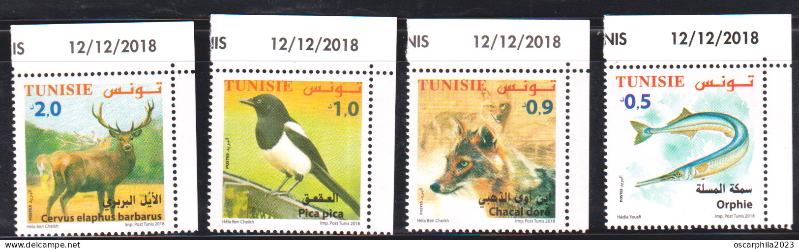 2018-Tunisie- Faune Terrestre, Maritime-Orphie, Chacal Doré, Pica Pica, Cervus Elaphus -4V S.C Coin Daté -MNH***** - Fishes