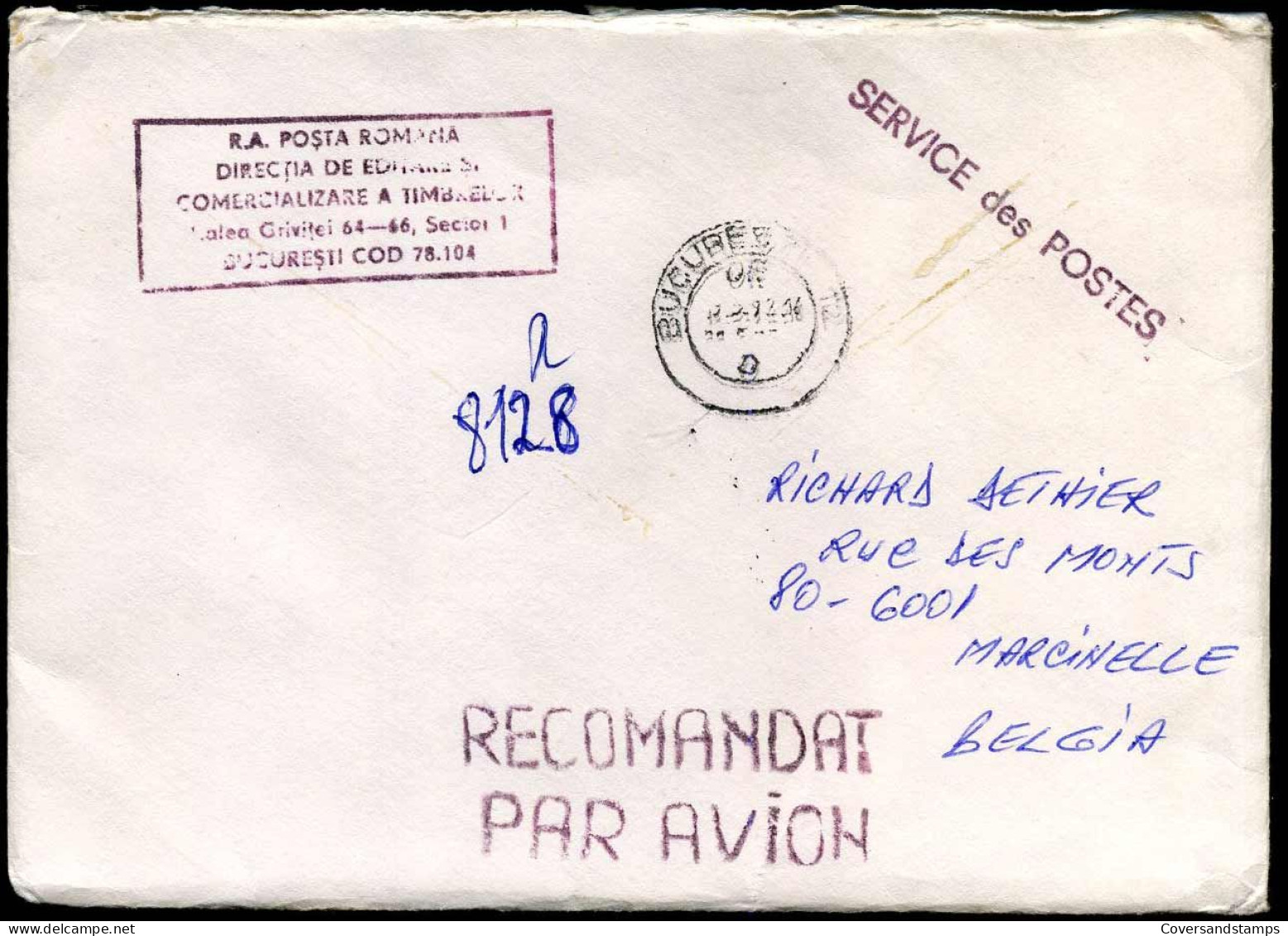 Registered Cover To Marcinelle, Belgium - "Service Des Postes" - Covers & Documents