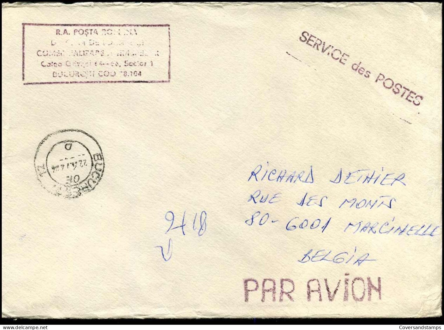 Cover To Marcinelle, Belgium - "Service Des Postes" - Lettres & Documents