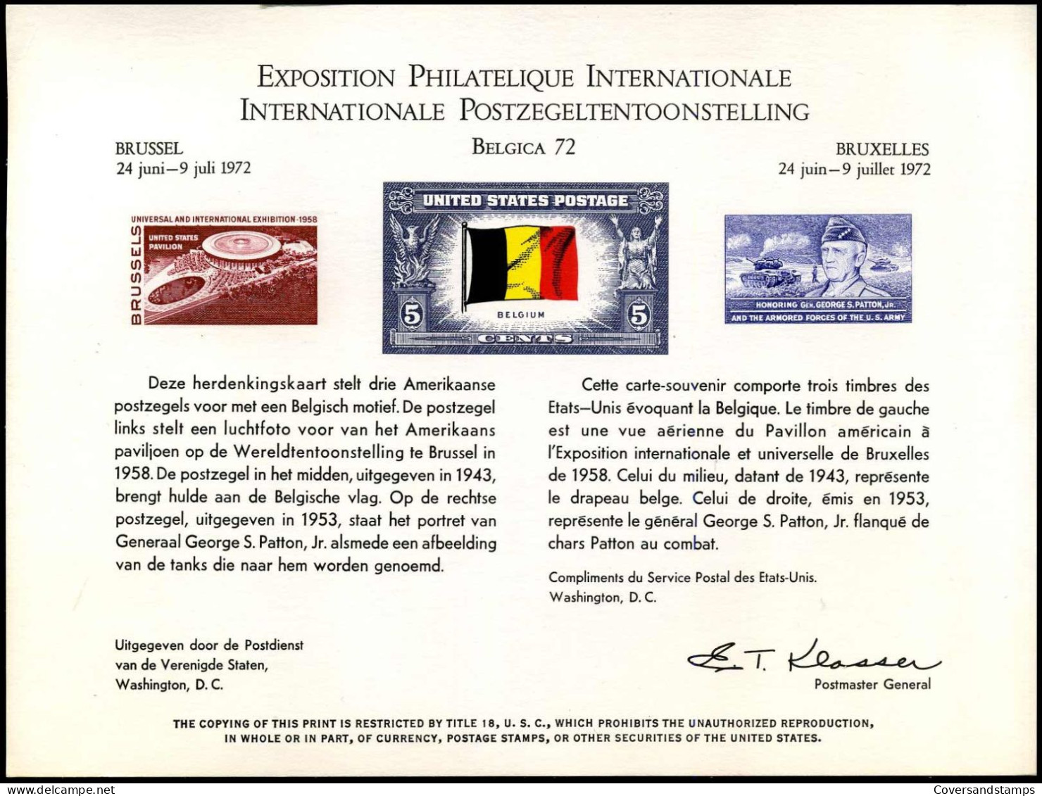Belgica 72 - Internationale Postzegeltentoonstelling - United States Postage - Cartes Souvenir – Emissions Communes [HK]