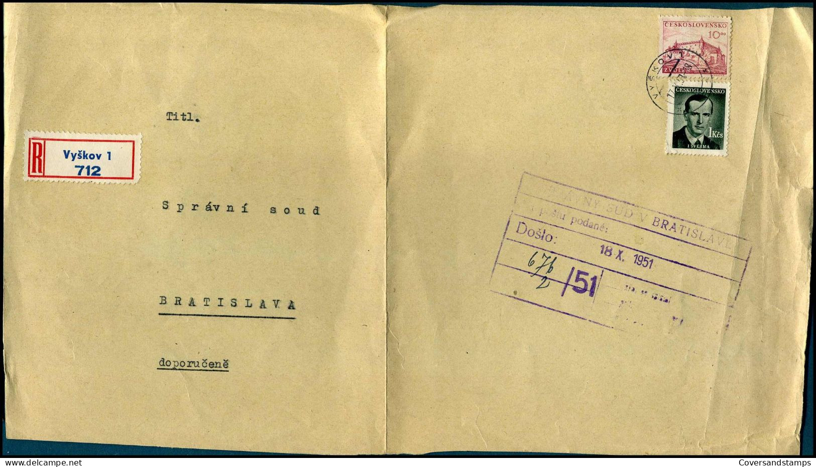 Registered Cover From Vyskov To Bratislava 1951 - Lettres & Documents