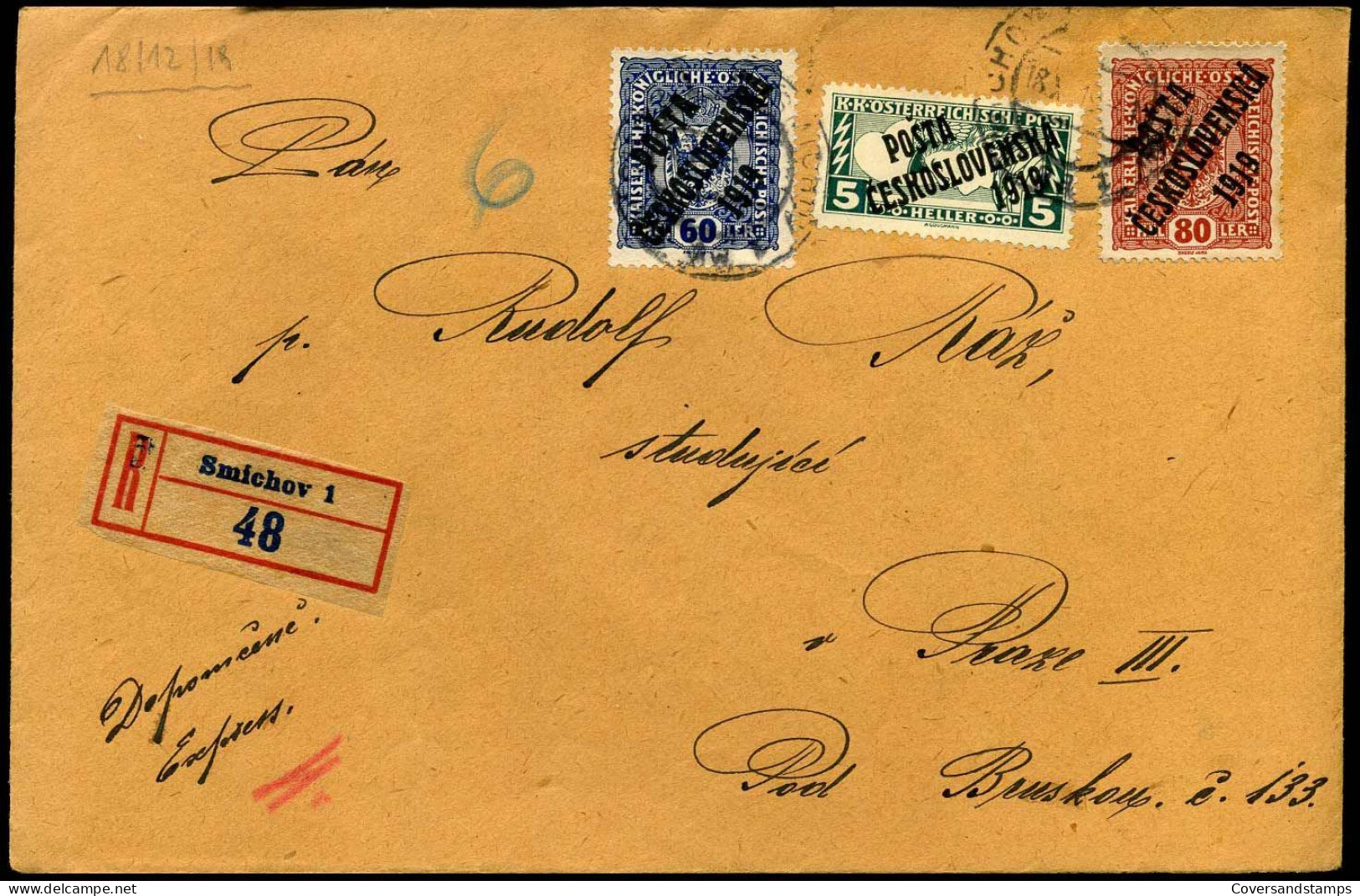 Registered Cover From Smichov (Prague) - 3 Stamps With Surcharge "Posta Ceskoslevenska 1919" - Briefe U. Dokumente