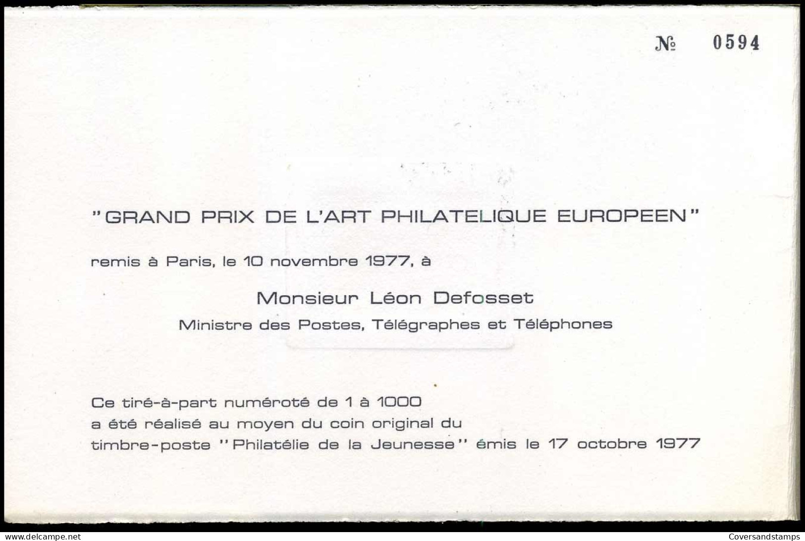 1869 - 'Grand Prix De L'Art Philatélique Européen' - Overhandigd Aan Léon Defosset, Minister Van PTT - Covers & Documents