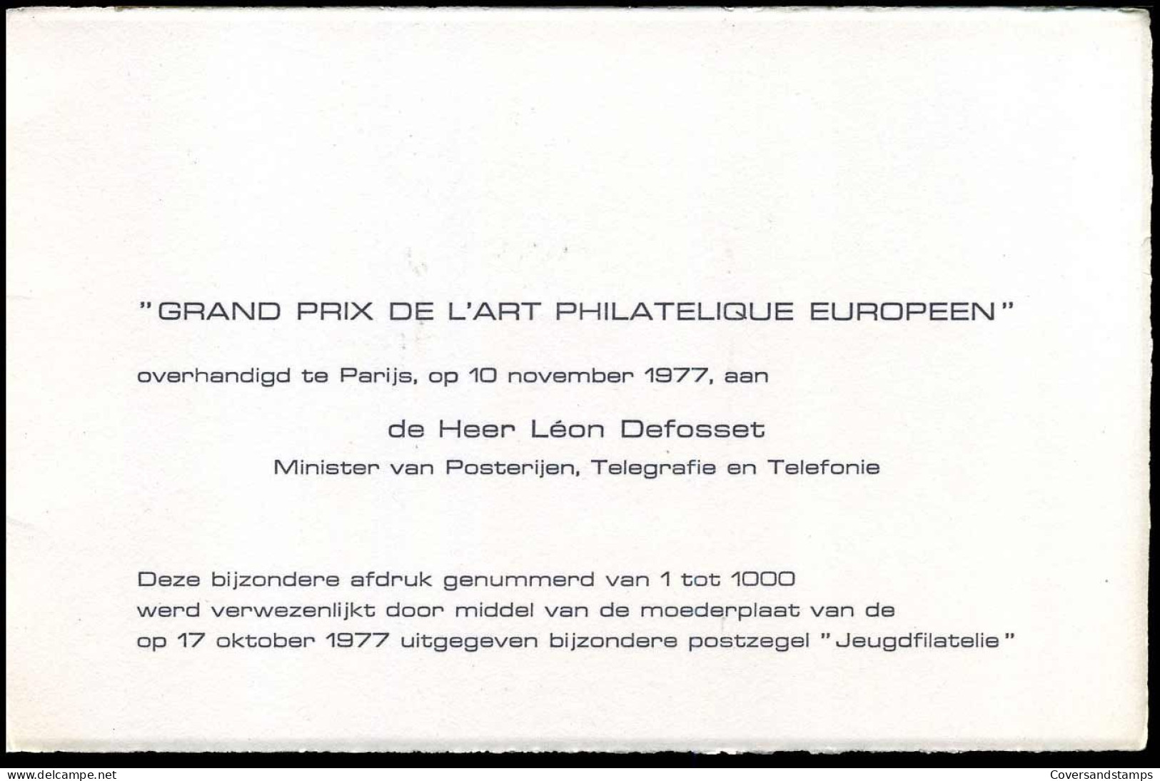 1869 - 'Grand Prix De L'Art Philatélique Européen' - Overhandigd Aan Léon Defosset, Minister Van PTT - Covers & Documents
