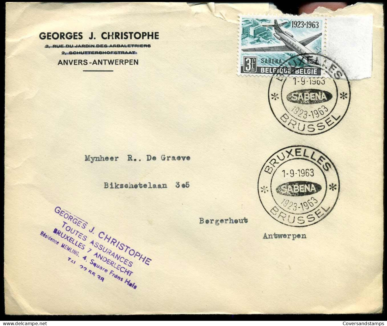 Cover Naar Borgerhout - 'Georges J. Christophe, Antwerpen' - 1259 SABENA - Lettres & Documents