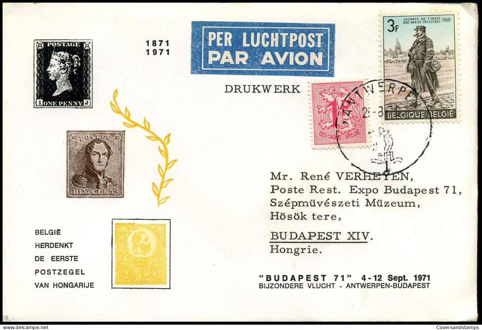 België Herdenkt De Eerste Postzegel Van Hongarije - "Budapest 71" Bijzondere Vlucht Antwerpen-Budapest - Covers & Documents