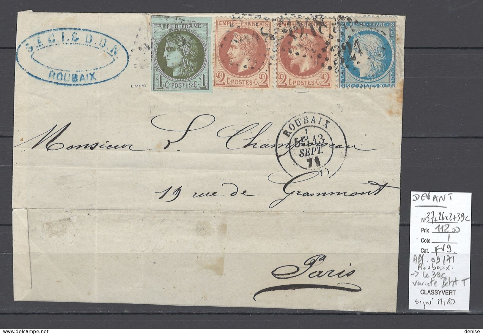 France - Devant De  Lettre Roubaix  - Affranchissement Composé 09/71 - Tricolore - 1849-1876: Klassieke Periode