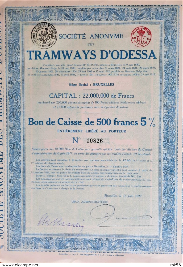 2  S.A. Tramways D'Odessa - Bon De Caisse De 500 Francs - 5% - Ferrovie & Tranvie