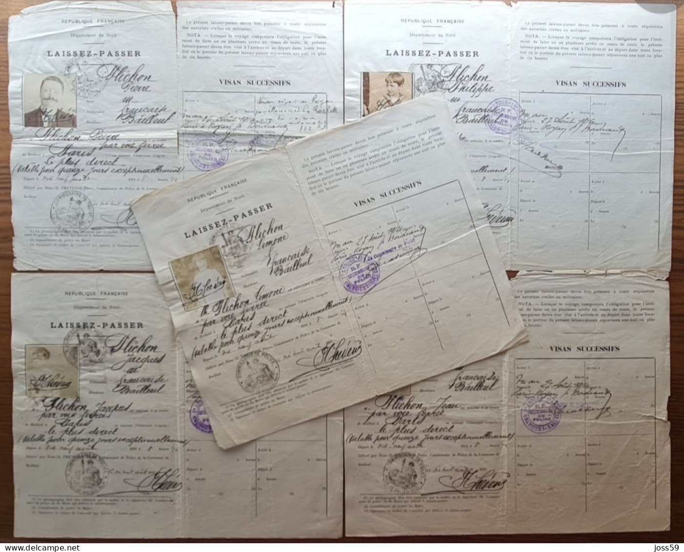 Bailleul -59- NORD -guerre 1914-1918 Famille Plichon 5 Laissez Passer WW1 , WWI - Historical Documents