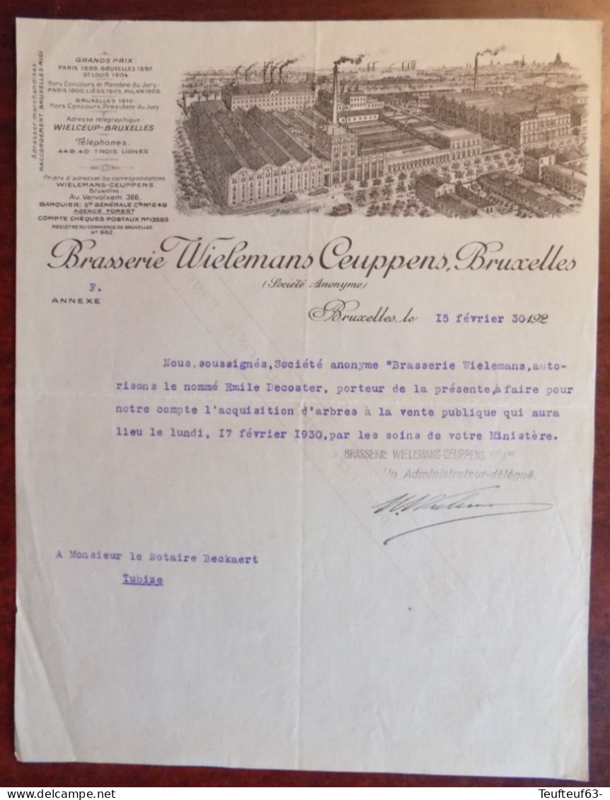 Lettre Avec Gravure Ets " Brasserie Wielemans Ceuppens Bruxelles " 1930 - 1900 – 1949