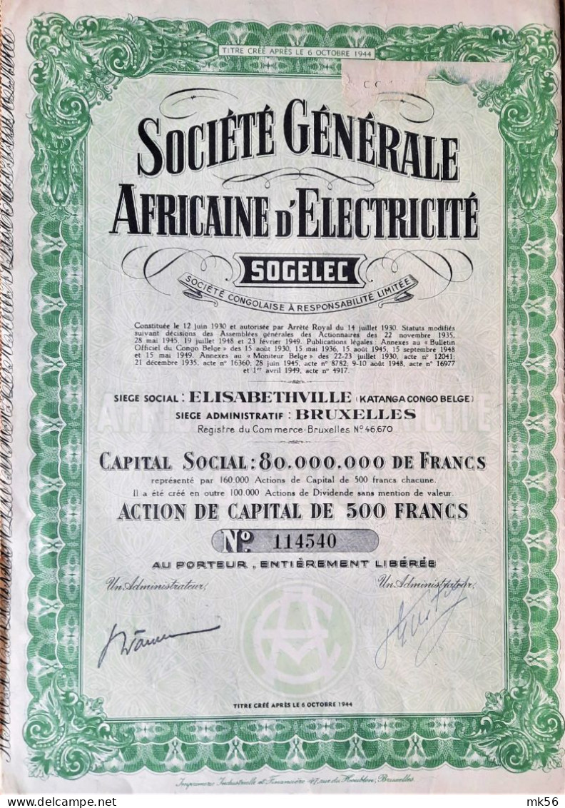 Société Générale Africaine D'Electricité (Sogelec) 1949 - Elisabethville - Afrika