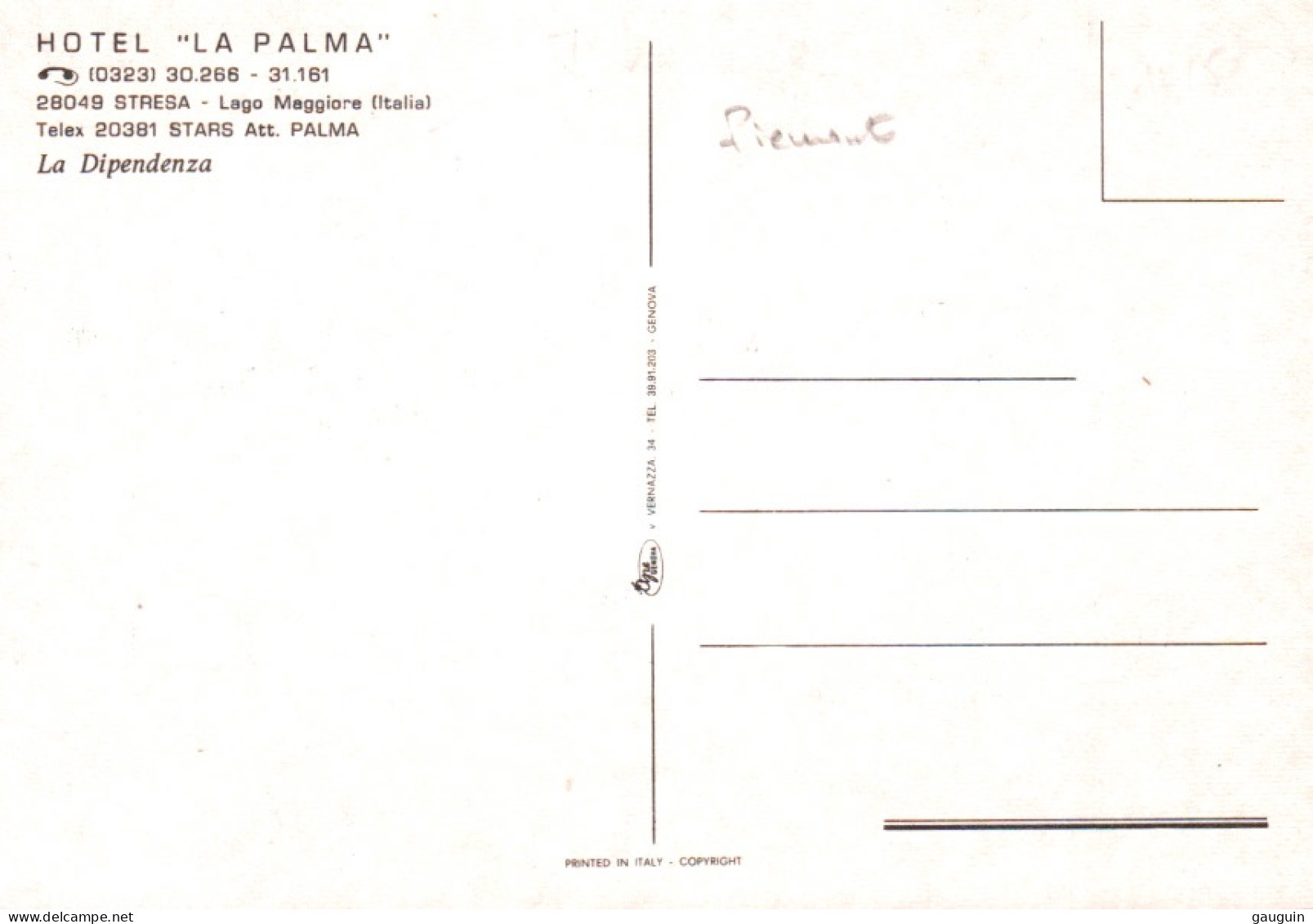 CPM - STRESA - HOTEL "la Palma" La Dipendenza - Edition PUB - Sonstige & Ohne Zuordnung
