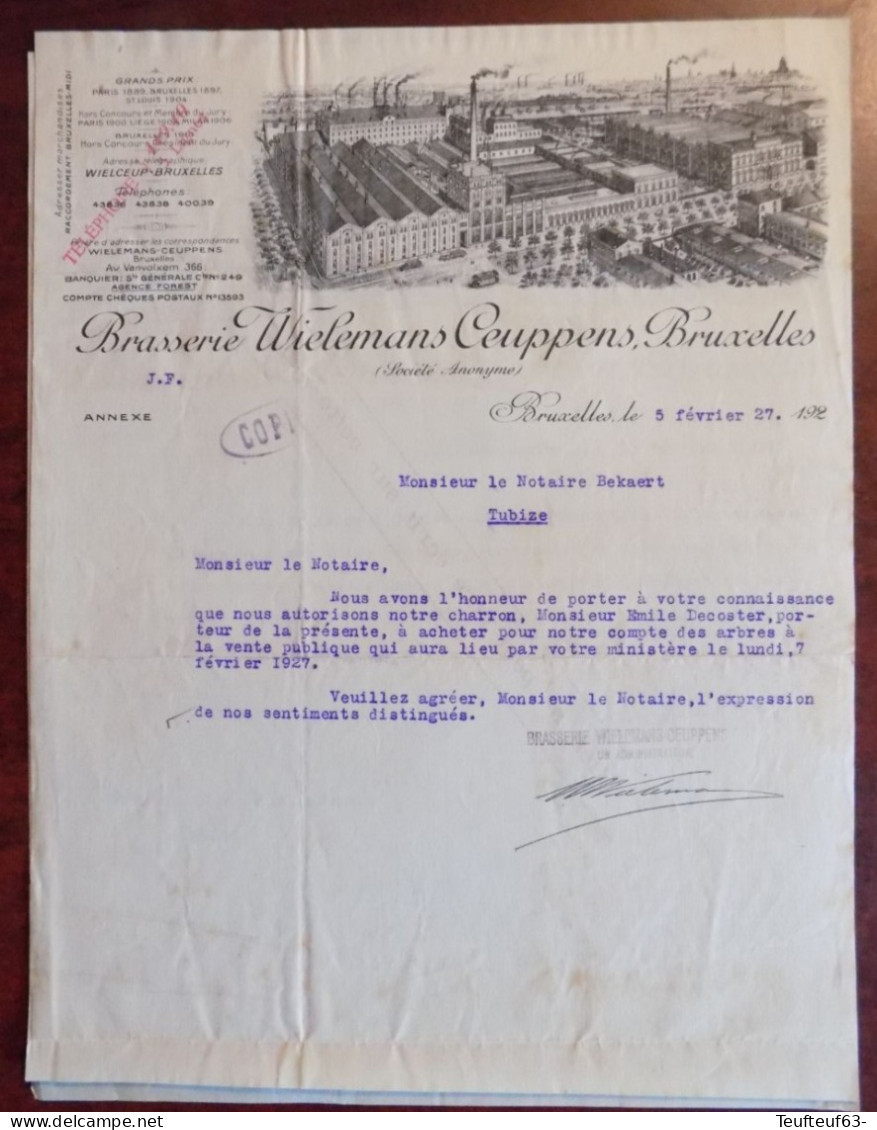 Lettre Avec Gravure Ets " Brasserie Wielemans Ceuppens Bruxelles " 1927 - 1900 – 1949