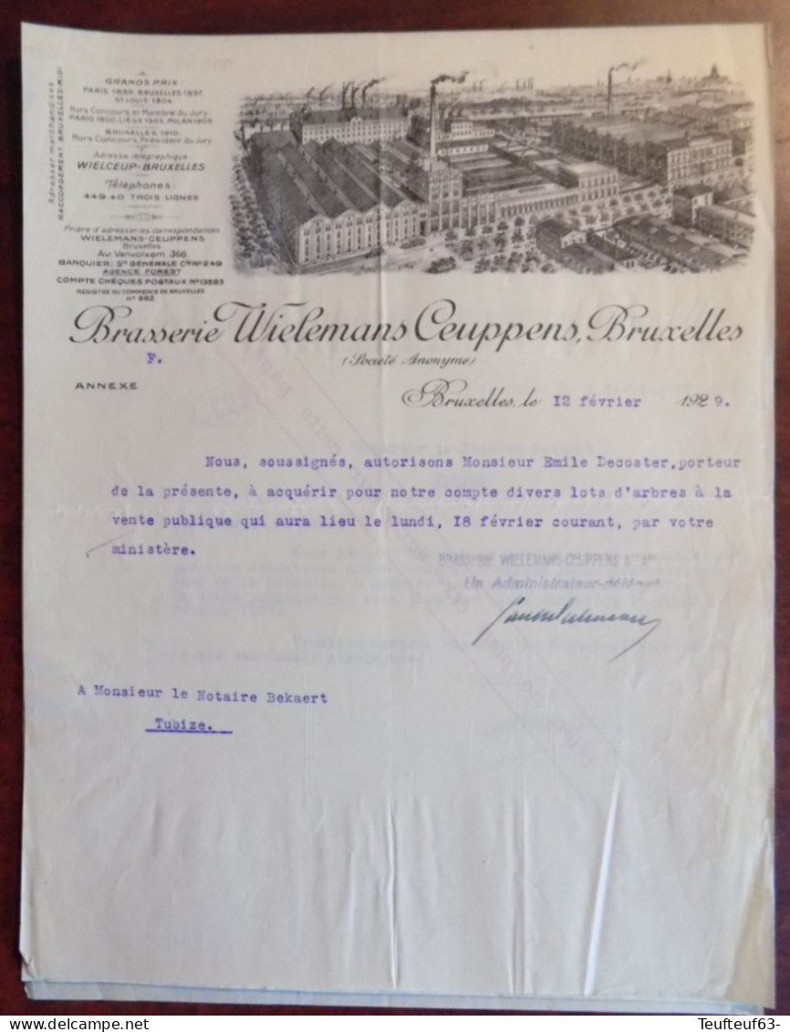 Lettre Avec Gravure Ets " Brasserie Wielemans Ceuppens Bruxelles " 1929 - 1900 – 1949