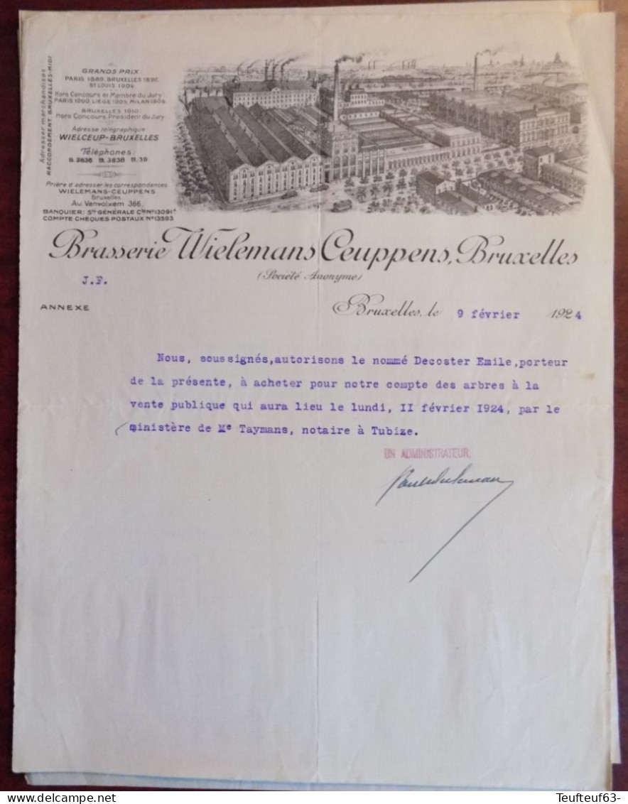 Lettre Avec Gravure Ets " Brasserie Wielemans Ceuppens Bruxelles " 1924 - 1900 – 1949