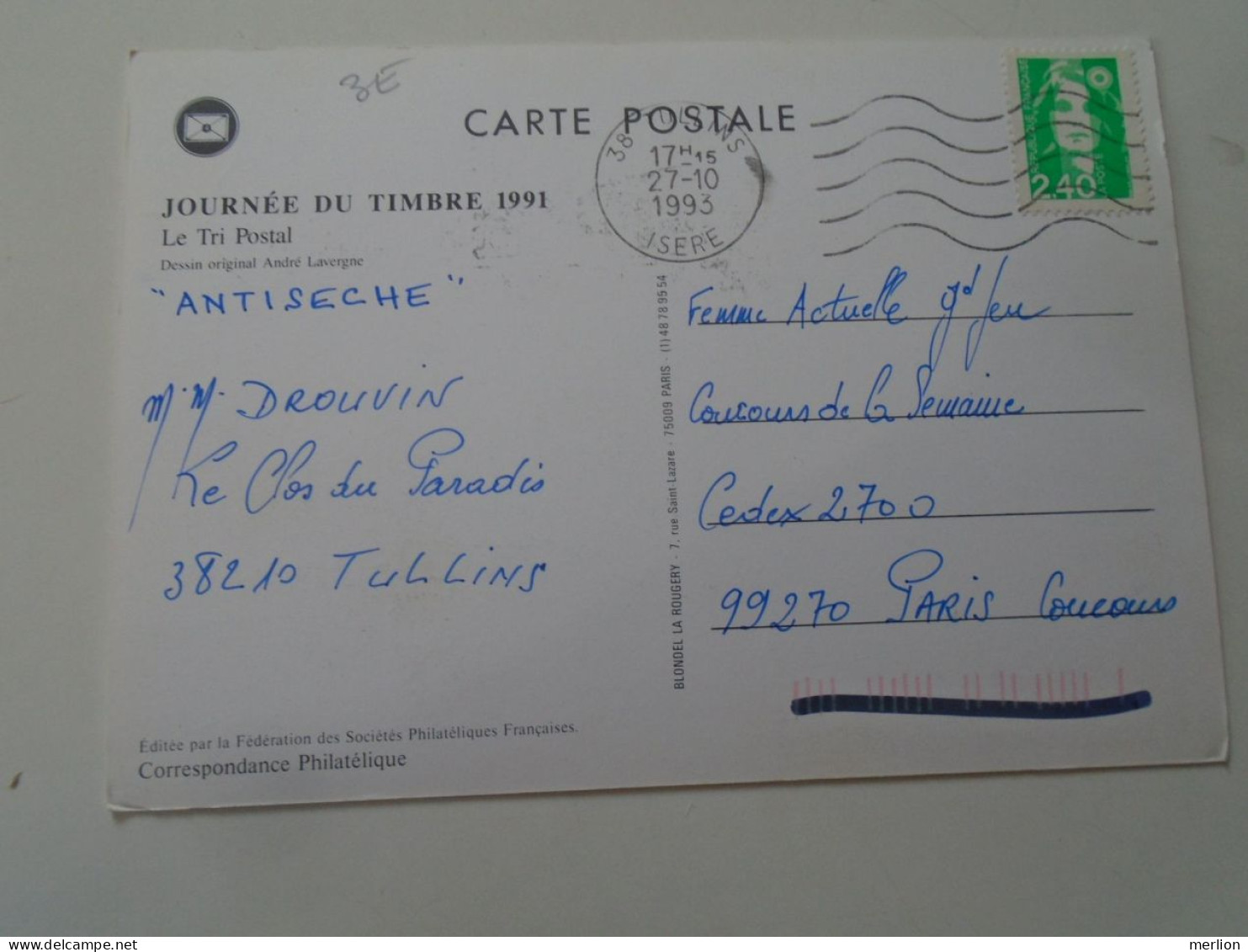D203199    CPM -  Journée Du Timbre 1991 - France   - Le Tri Postal (Dessin André Lavergne) 92 Colombes 1993 -Tullins - Documents De La Poste
