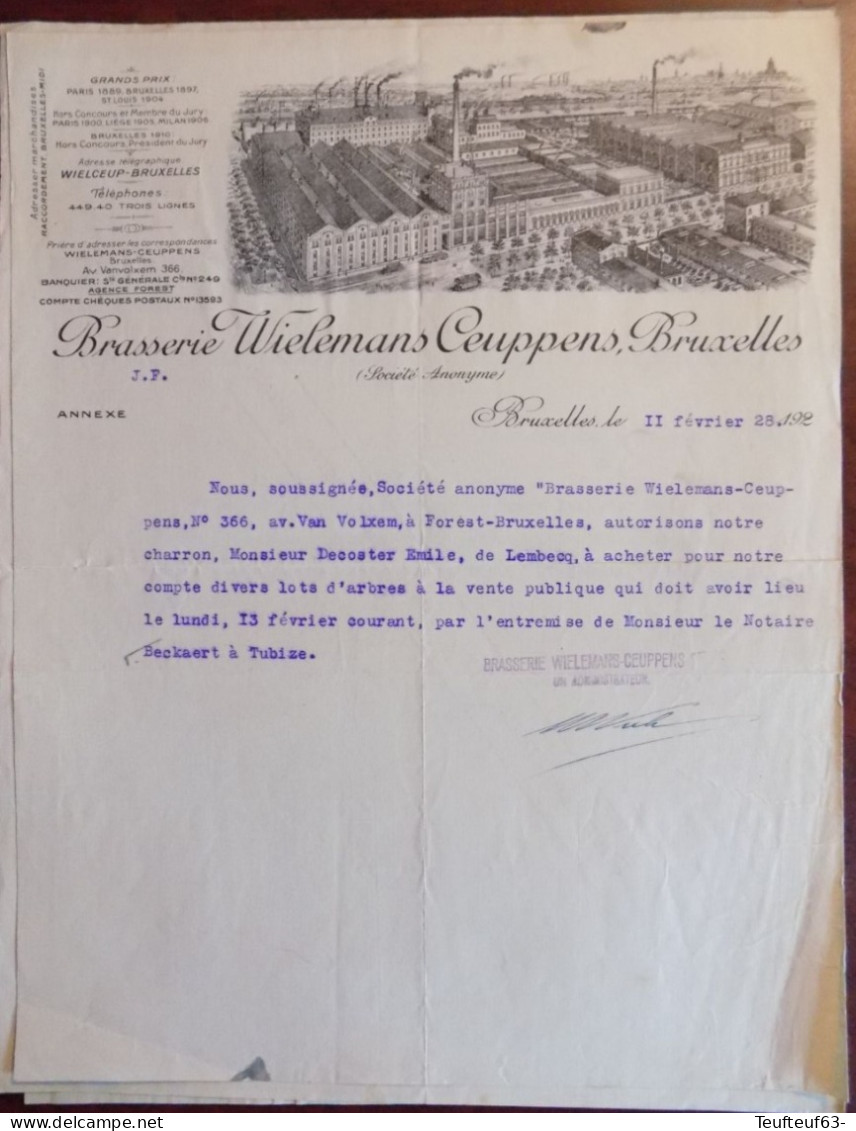 Lettre Avec Gravure Ets " Brasserie Wielemans Ceuppens Bruxelles " 1928 - 1900 – 1949