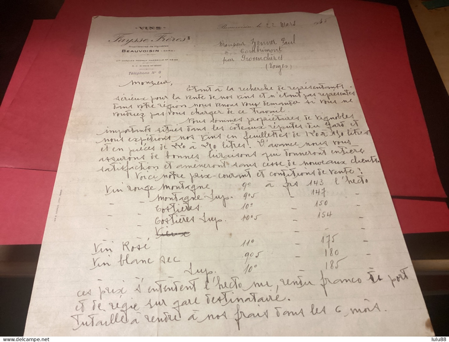 BEAUVOISIN. Courrier. Vins FAYSSE Frères. Année 1935 - Andere & Zonder Classificatie