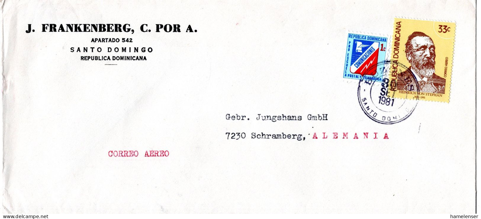 L78962 - Dominikanische Republik - 1981 - 33c H.v.Stephan EF A LpBf SANTO DOMINGO -> Westdeutschland - UPU (Universal Postal Union)
