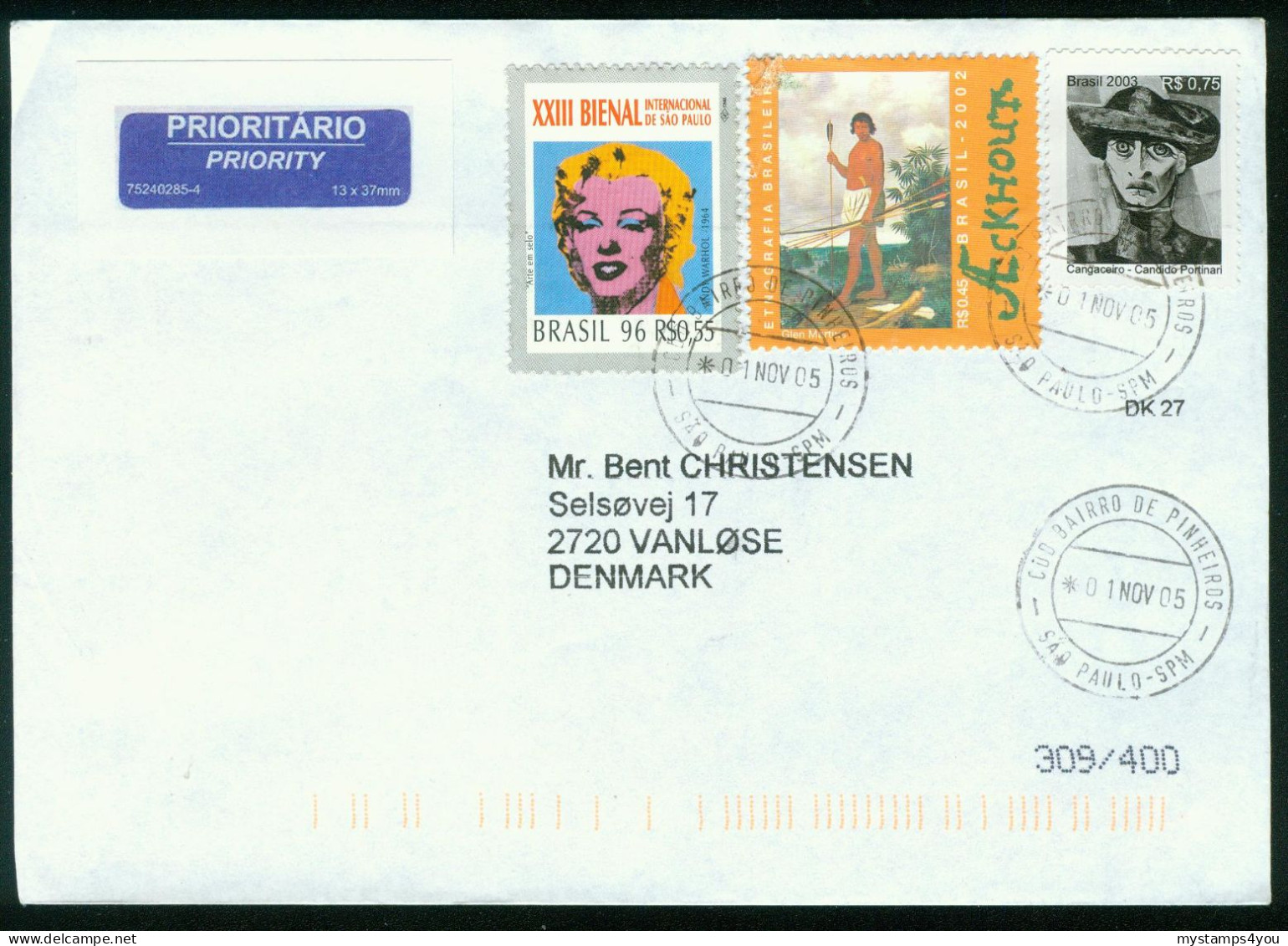 Br Brazil, Sao Paulo 2005 Cover > Denmark (MiNr 2721 "Marilyn Monroe" Andy Warhol) #bel-1066 - Briefe U. Dokumente