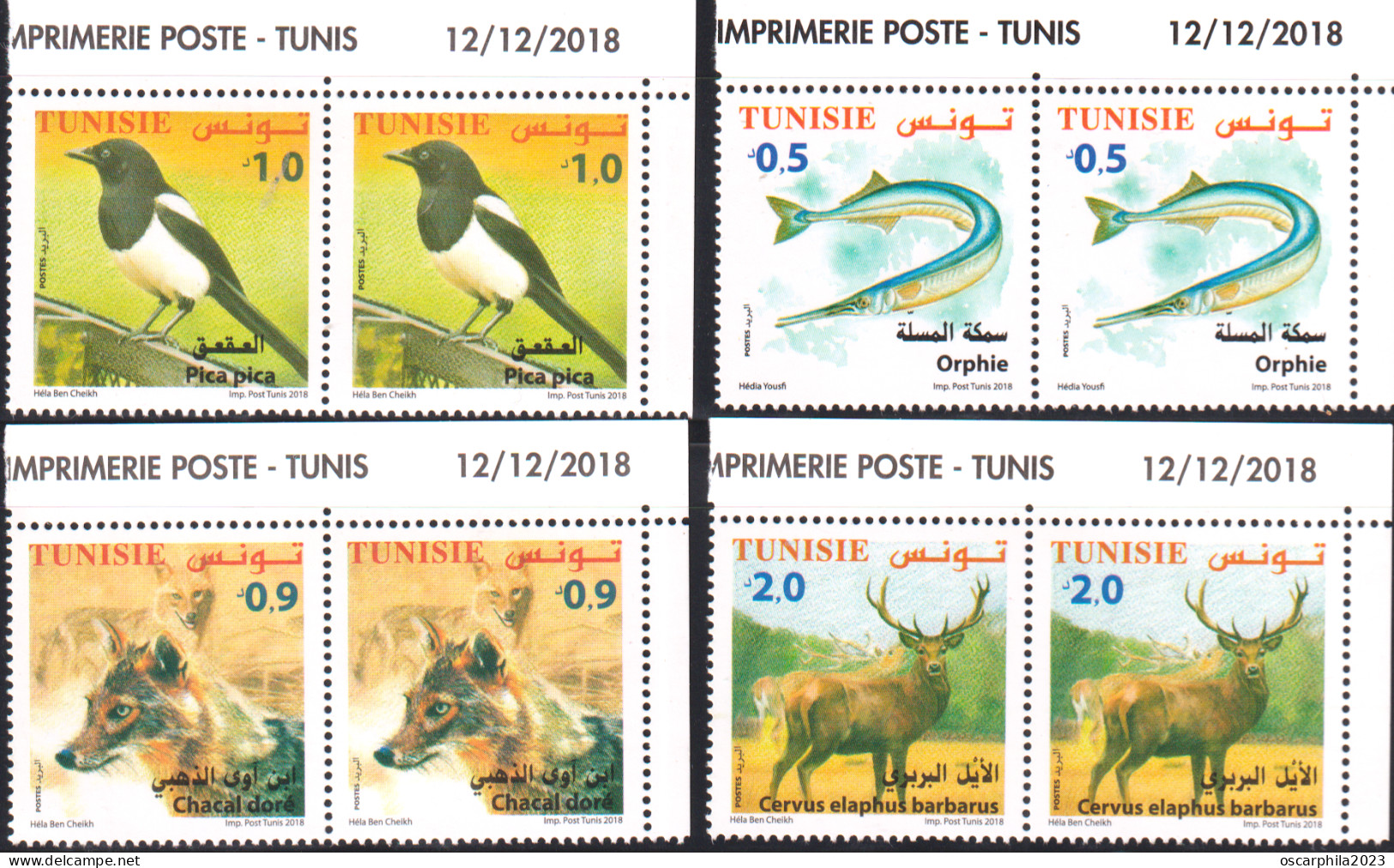 2018-Tunisie- Faune Terrestre, Maritime-Orphie, Chacal Doré, Pica Pica, Cervus Elaphus -paire/ 8V SC Coin Daté -MNH***** - Tunisie (1956-...)