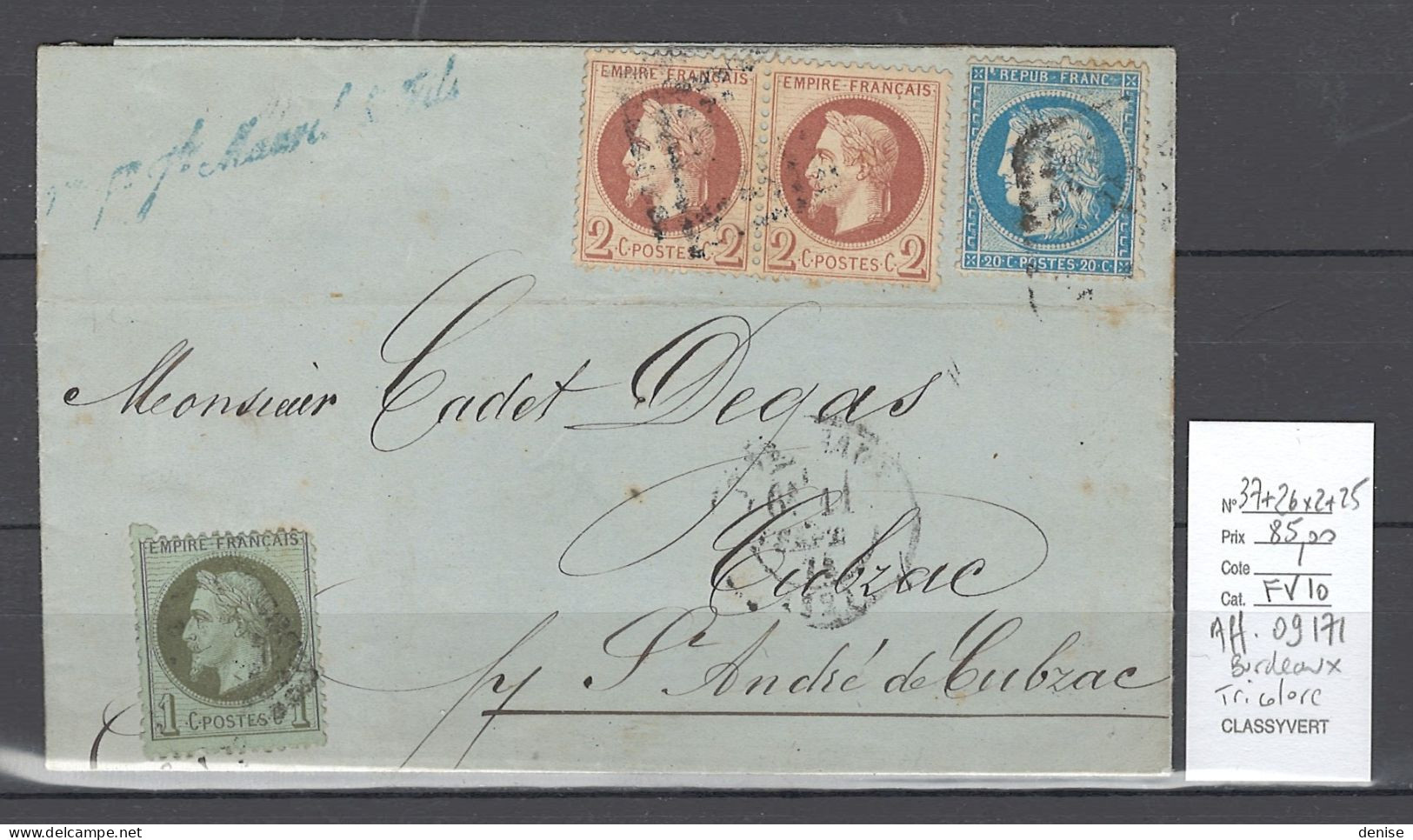 France - Lettre Bordeaux  - Affranchissement Composé 09/71 - Tricolore - 1849-1876: Période Classique