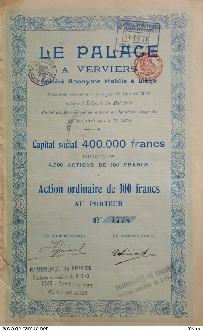 Le Palace à Verviers  - Action Ordinaire De 100 Francs - 1913 - Casino