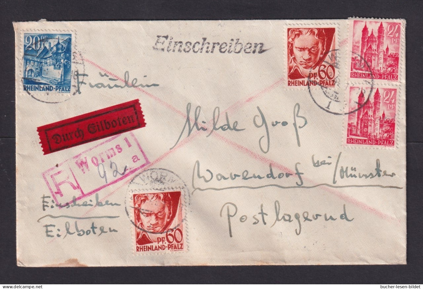 1948 - 1,88 Mk. Mischfrankatur Auf Eilboten-R-Brief Ab Worms Nach Warendorf - Autres & Non Classés