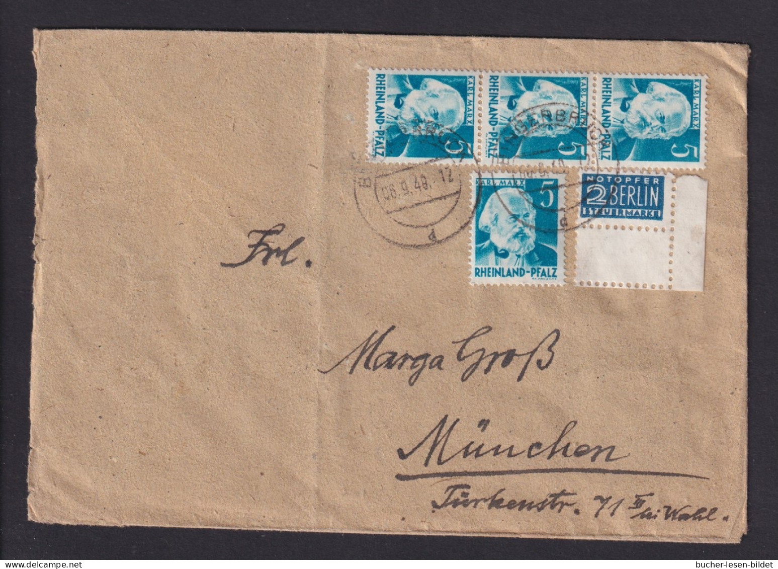 1948 - 2 Pf. Notopfer Mit Leerfeld - Brief Mit 4x 5 Pf. Marx Nach München - Rhénanie-Palatinat