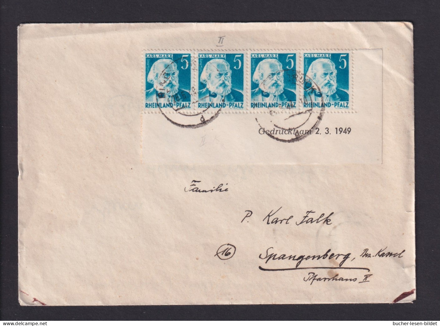 1949 - 5 Pf. Marx (34Dr.) Unterrand-4er-Streifen Mit Druckdatum Auf Brief Nach Spangenberg - Other & Unclassified