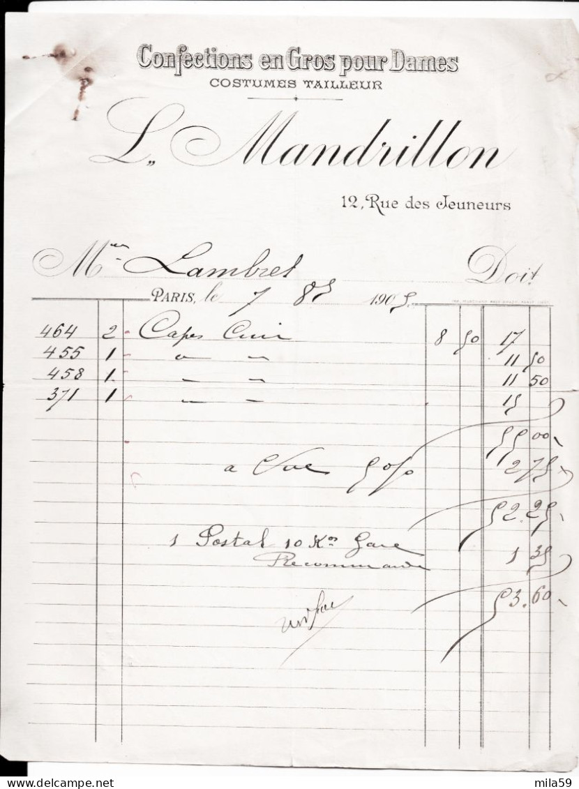 Confections En Gros Pour Dames, Costumes, Tailleurs. L. Mandrillon à Paris. à M. Lambret à Montauban. 1905. - 1900 – 1949