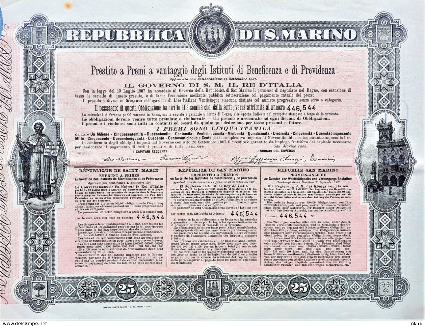 Republica Di San Marino (Prestito A Premi) 1908 - Other & Unclassified