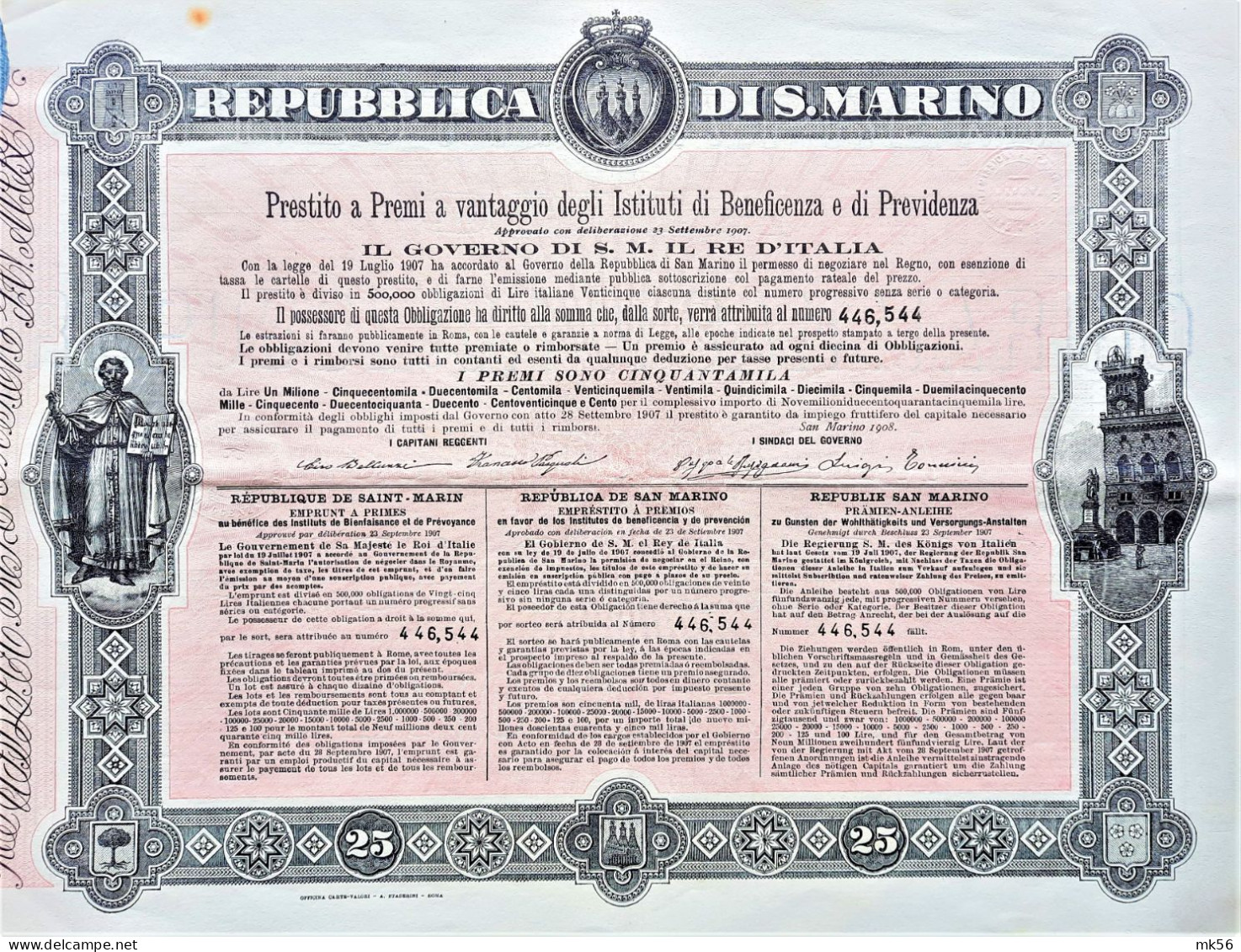 Republica Di San Marino (Prestito A Premi) 1908 - Sonstige & Ohne Zuordnung