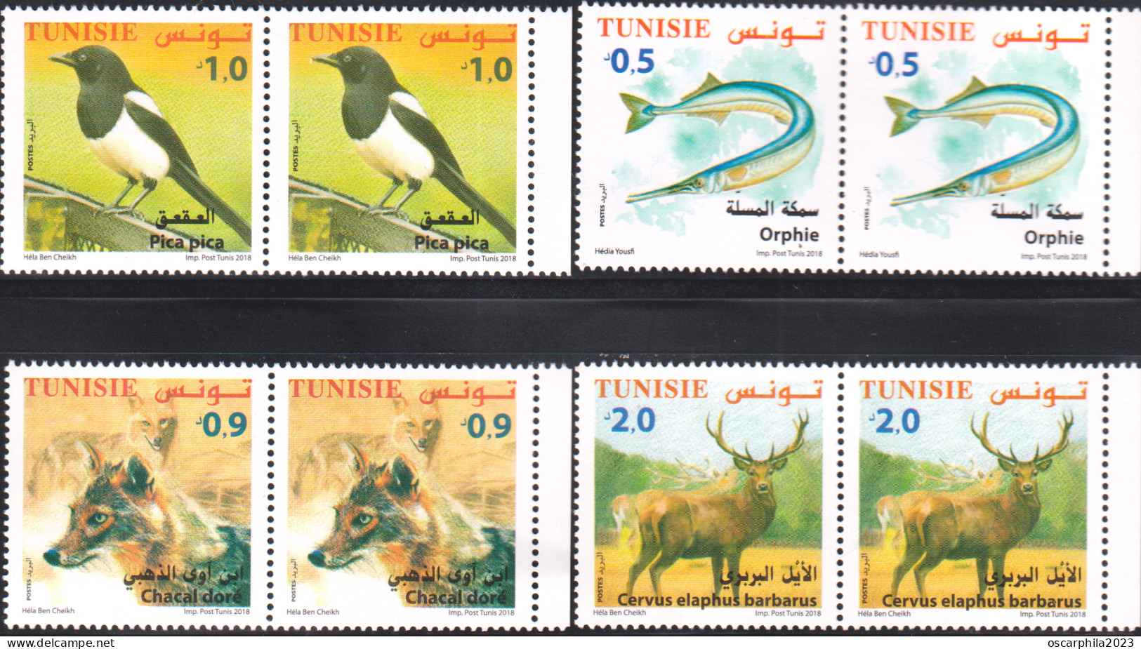 2018-Tunisie- Faune Terrestre, Maritime-Orphie, Chacal Doré, Pica Pica, Cervus Elaphus -paire / 8V / SC  -MNH***** - Climbing Birds