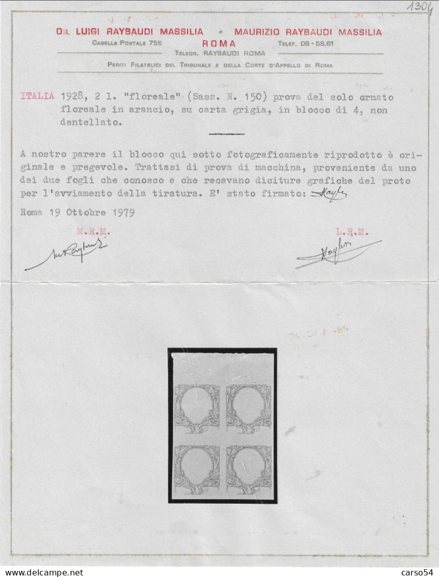 1928 - 2 Lire Floreale (Sassone N.150) Prova Del Solo Ornato Floreale Arancio, Blocco Di 4 - Ongebruikt