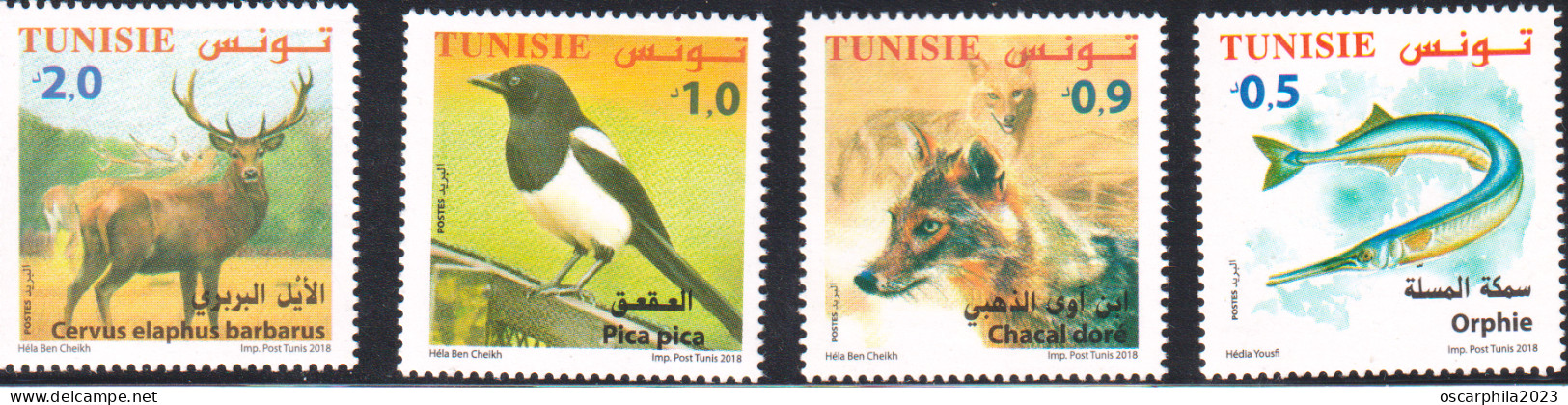 2018-Tunisie- Faune Terrestre, Maritime-Orphie, Chacal Doré, Pica Pica, Cervus Elaphus-série Complète 4V+FDC -MNH***** - Climbing Birds