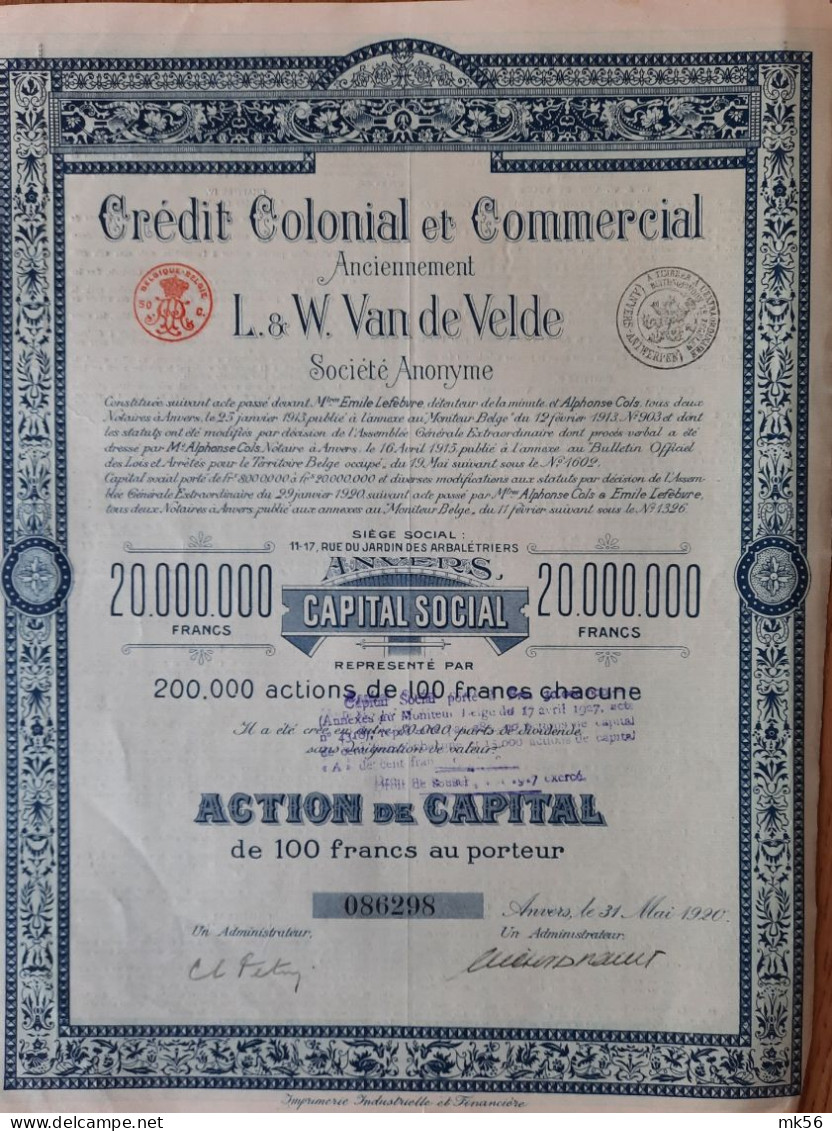 Credit Colonial Et Commercial - Anciennement L&W Van De Velde (1920) Anvers - Action De Capital - Autres & Non Classés