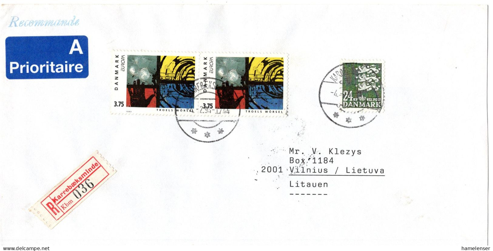 L78967 - Dänemark - 1994 - 24Kr Wappen MiF A R-Bf KARREBAEKSMINDE -> VILNIUS (Litauen) - Briefe U. Dokumente