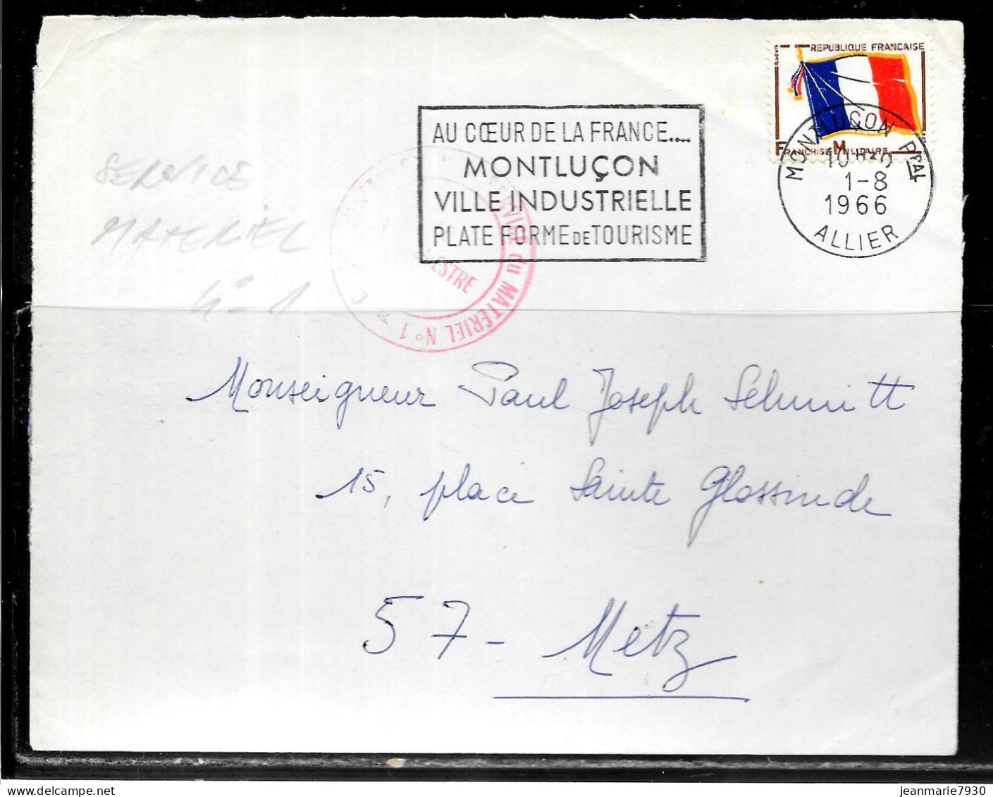 P258 - LETTRE EN FRANCHISE DE MONTLUCON DU 01/08/66 - CACHET SERVICE MATERIEL N° 1 - FLAMME - Covers & Documents