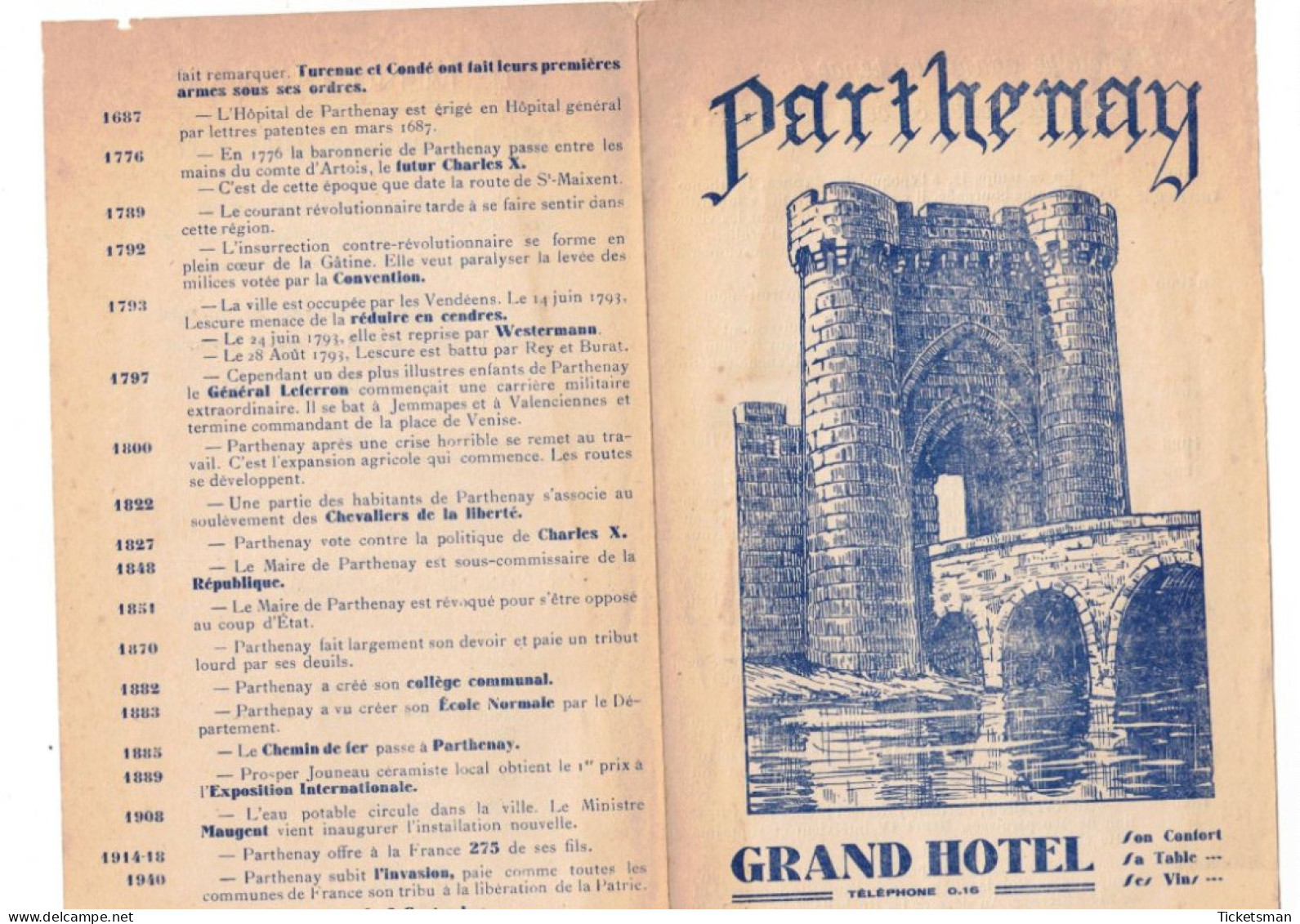 Bulletin Société Historique et Archéologique Ville de Parthenay + Dépliants Tourisme et Grand Hôtel