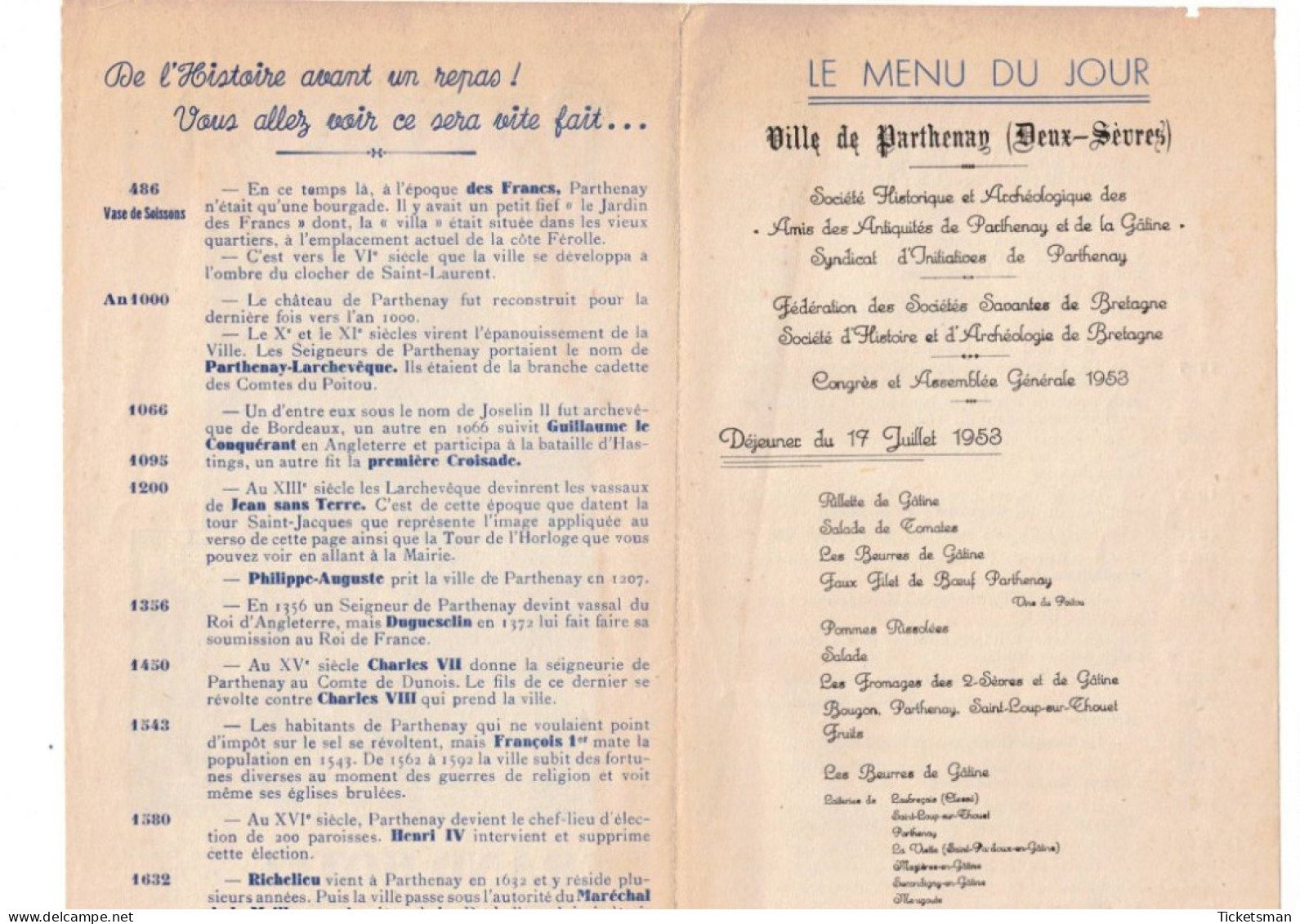 Bulletin Société Historique et Archéologique Ville de Parthenay + Dépliants Tourisme et Grand Hôtel