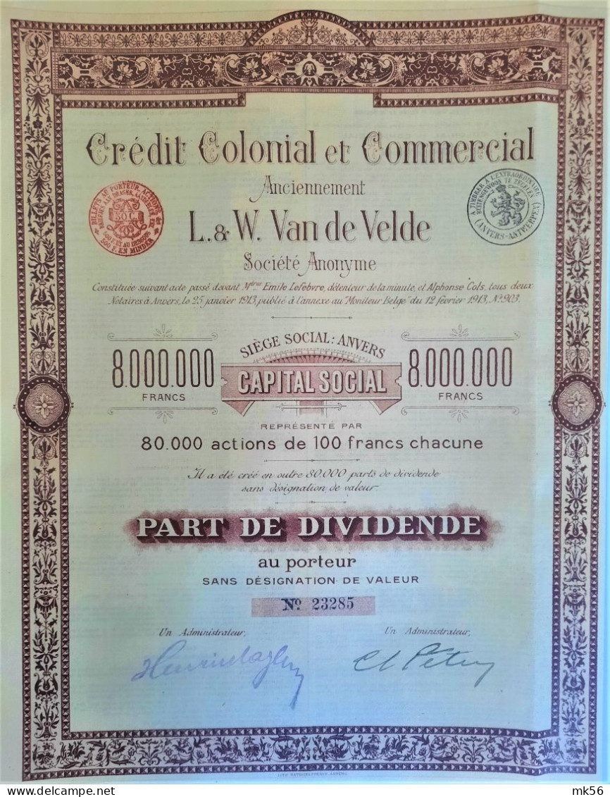 Credit Colonial Et Commercial - Anciennement L&W Van De Velde (1913) Anvers - Action De Dividende - Autres & Non Classés