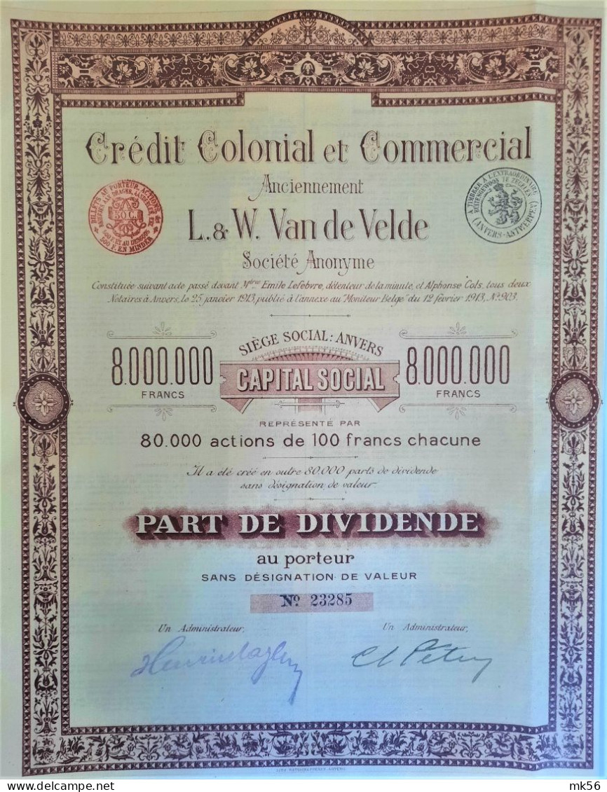 Credit Colonial Et Commercial - Anciennement L&W Van De Velde (1913) Anvers - Action De Dividende - Andere & Zonder Classificatie